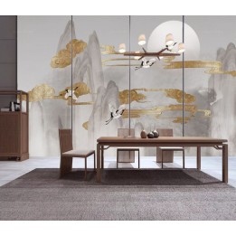 Panneau zen oiseaux mythiques - Grues du Japon dans la montagne et nuages dorés