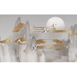 Panneau zen oiseaux mythiques - Grues du Japon dans la montagne et nuages dorés
