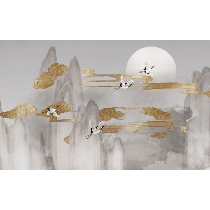 Panneau zen oiseaux mythiques - Grues du Japon dans la montagne et nuages dorés