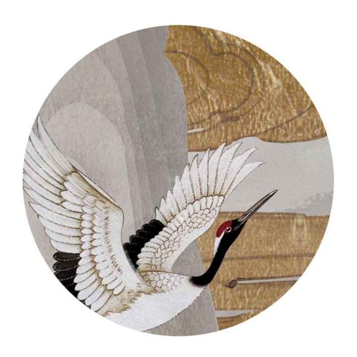 Panneau zen oiseaux mythiques - Grues du Japon dans la montagne et nuages dorés