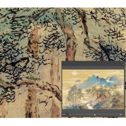 Peinture à l'encre teinte bleu-vert - Paysage de la montagne, rivière et forêt