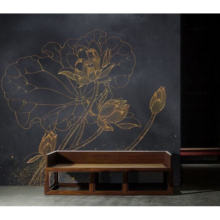 Déco zen inspiration bouddhisme - Lotus doré sur fond noir