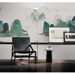 Fresque japonaise panoramique paysage bleu vert doré - Montagne et fleuve au lever du soleil