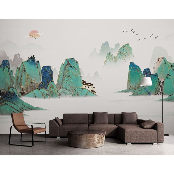 Fresque japonaise panoramique paysage bleu vert doré - Montagne et fleuve au lever du soleil