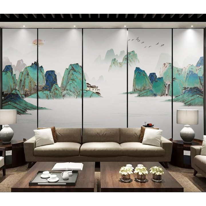Fresque japonaise panoramique paysage bleu vert doré - Montagne et fleuve au lever du soleil