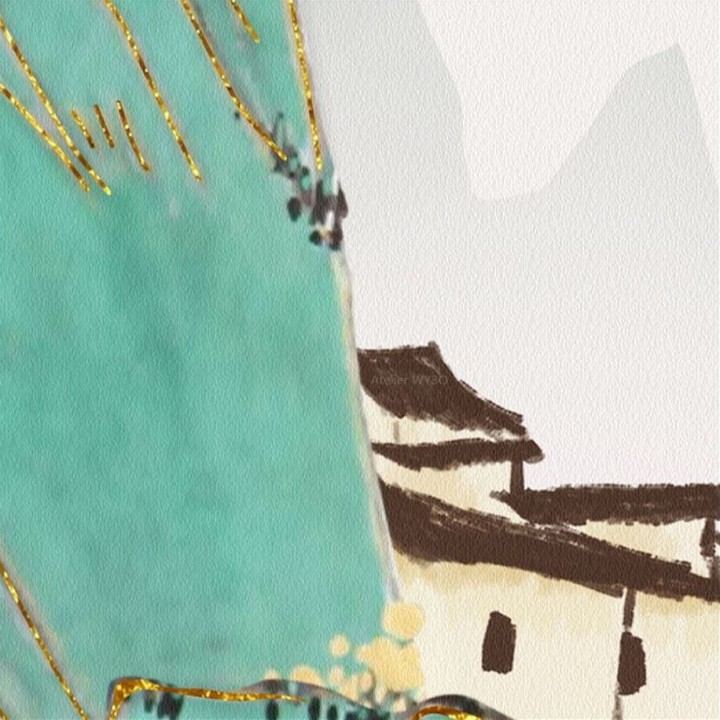 Fresque japonaise panoramique paysage bleu vert doré - Montagne et fleuve au lever du soleil