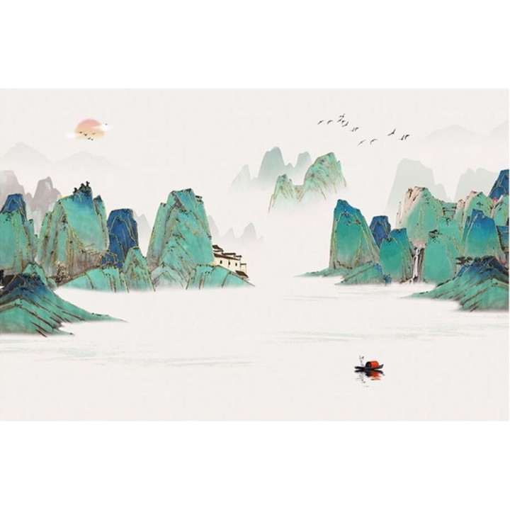 Fresque japonaise panoramique paysage bleu vert doré - Montagne et fleuve au lever du soleil