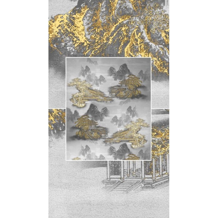 Paysage gris et doré - Temple dans la montagne