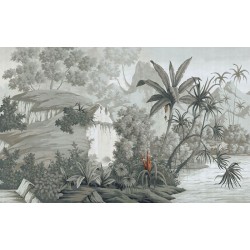 Papier peint tropical issu d'un tableau de peinture classique  - Chute d'eau au bord du lac ton gris