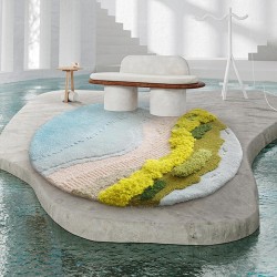 Tapis 3D velours en relief forme ronde plage tropicale - Mer bleue, sable et végétation
