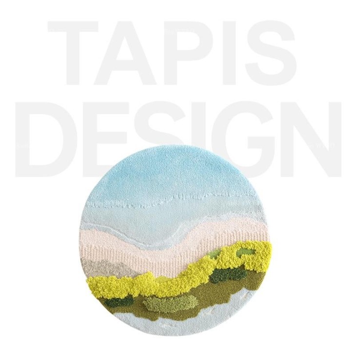 Tapis 3D velours en relief forme ronde plage tropicale - Mer bleue, sable et végétation