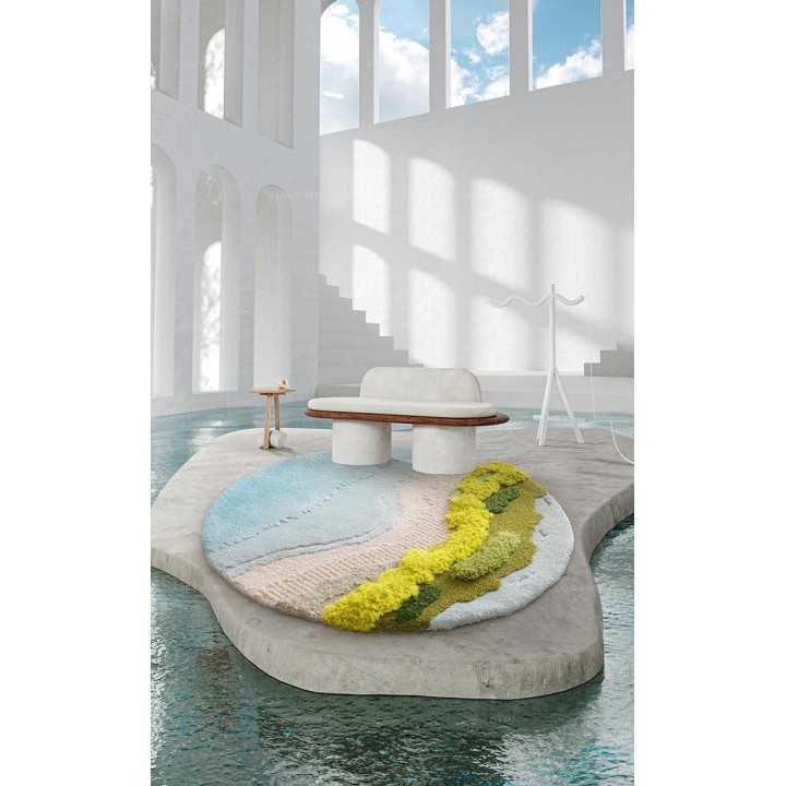 Tapis 3D velours en relief forme ronde plage tropicale - Mer bleue, sable et végétation