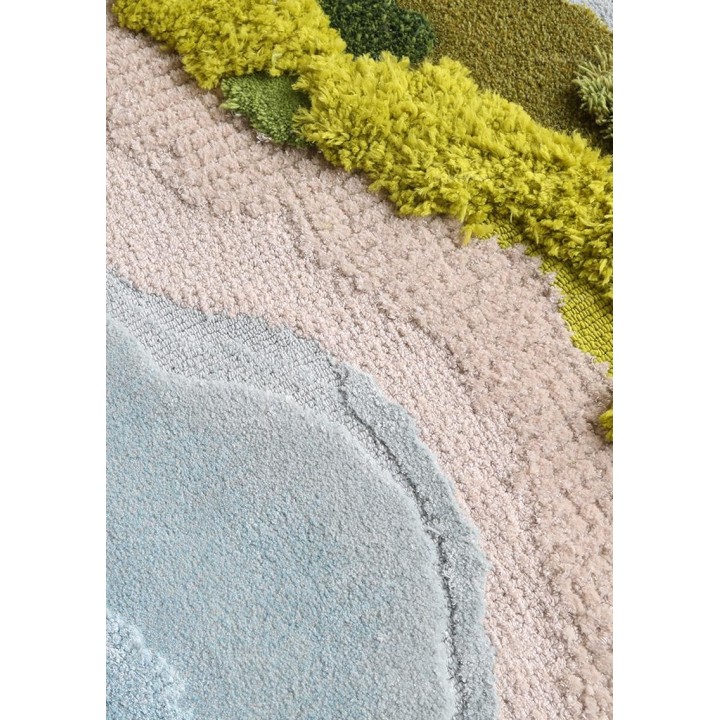 Tapis 3D velours en relief forme ronde plage tropicale - Mer bleue, sable et végétation