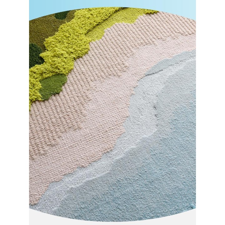 Tapis 3D velours en relief forme ronde plage tropicale - Mer bleue, sable et végétation