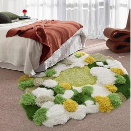 Tapis 3D velours en relief forme irrégulière - La mousse et les lichens, couleur vert, blanc et jaune