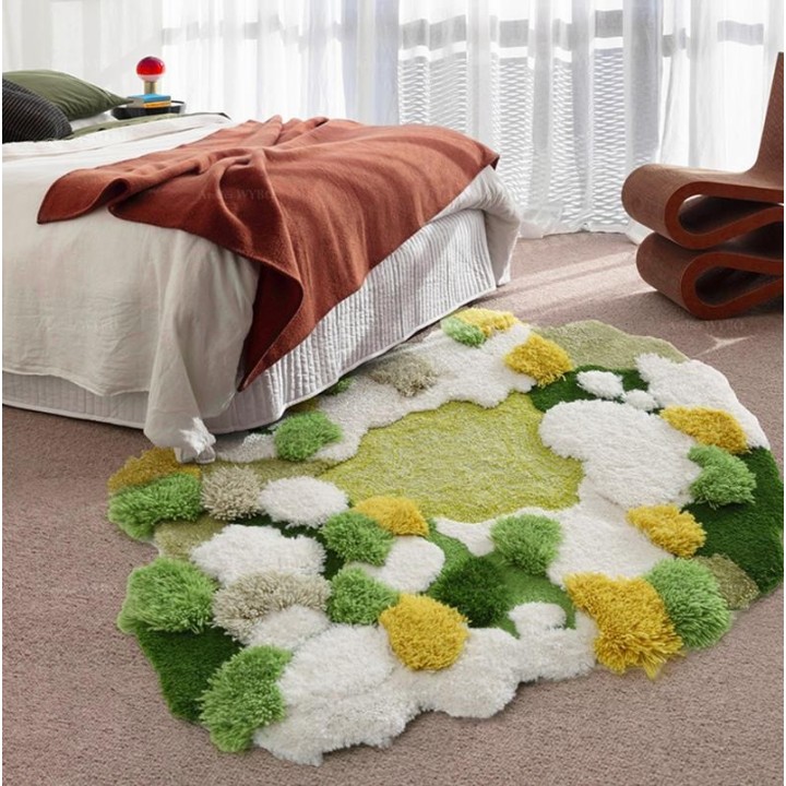 Tapis 3D velours en relief forme irrégulière - La mousse et les lichens, couleur vert, blanc et jaune