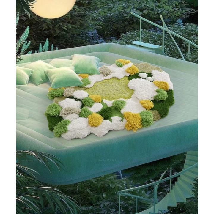 Tapis 3D velours en relief forme irrégulière - La mousse et les lichens, couleur vert, blanc et jaune
