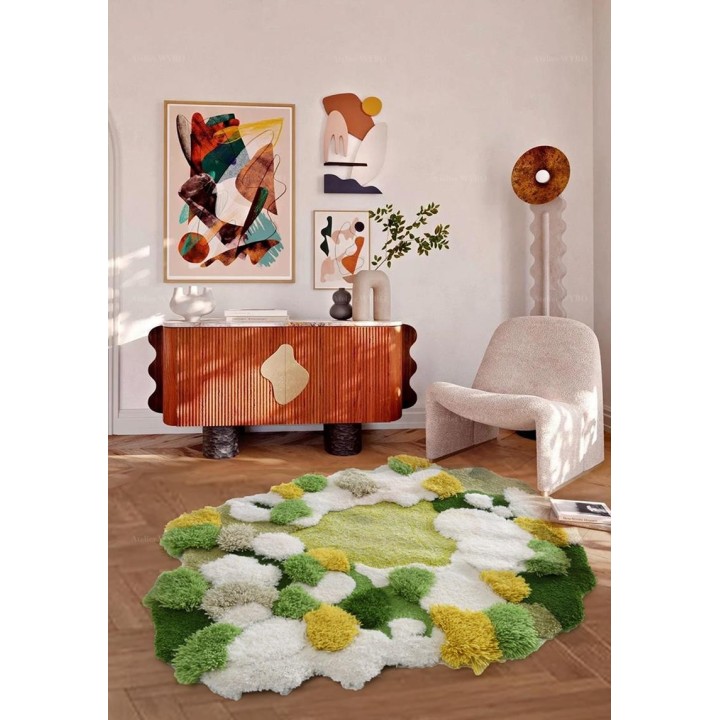 Tapis 3D velours en relief forme irrégulière - La mousse et les lichens, couleur vert, blanc et jaune