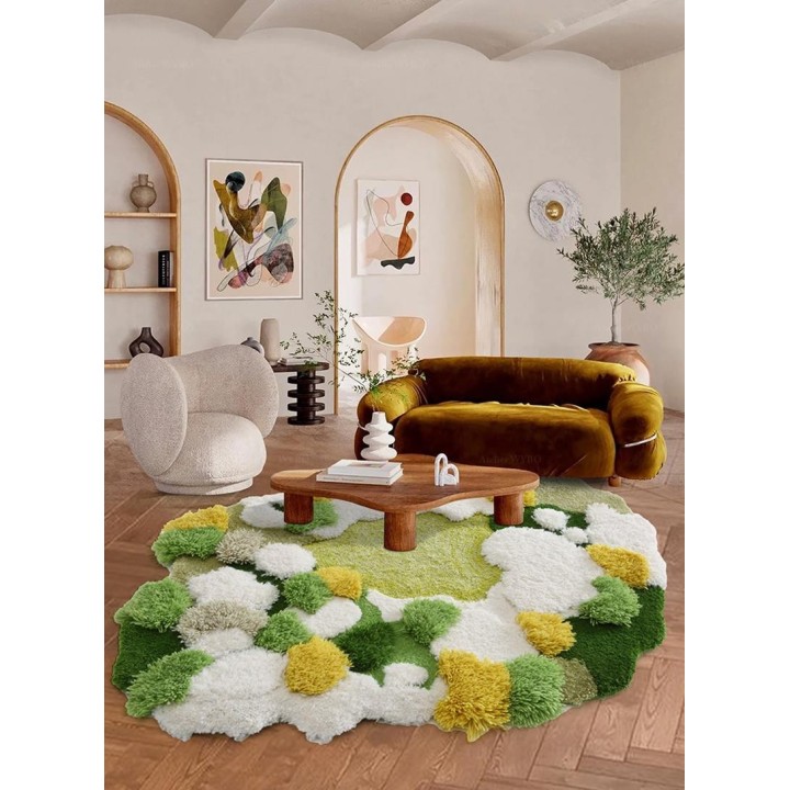 Tapis 3D velours en relief forme irrégulière - La mousse et les lichens, couleur vert, blanc et jaune