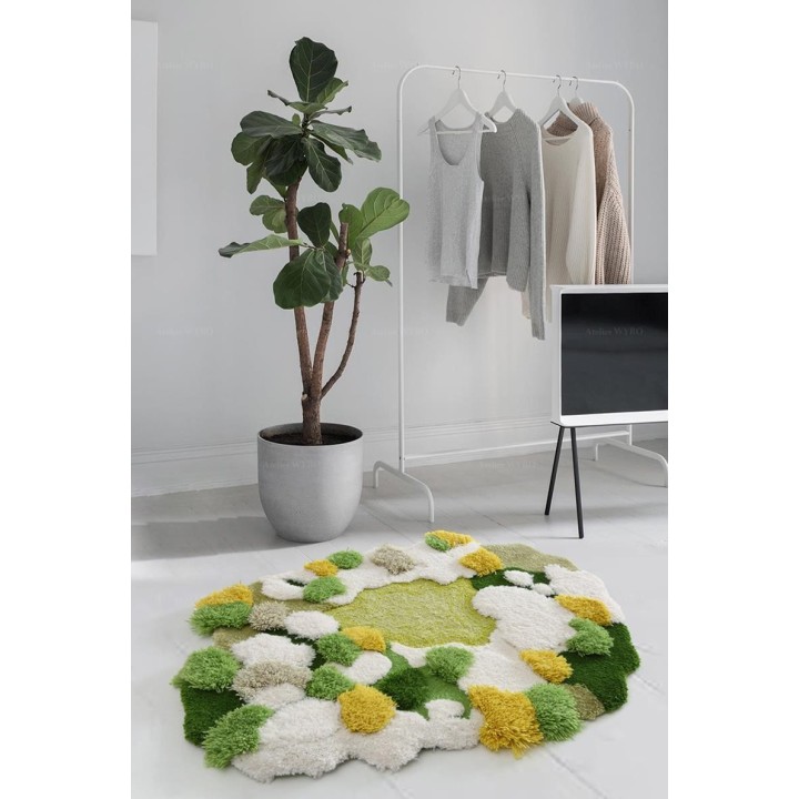 Tapis 3D velours en relief forme irrégulière - La mousse et les lichens, couleur vert, blanc et jaune
