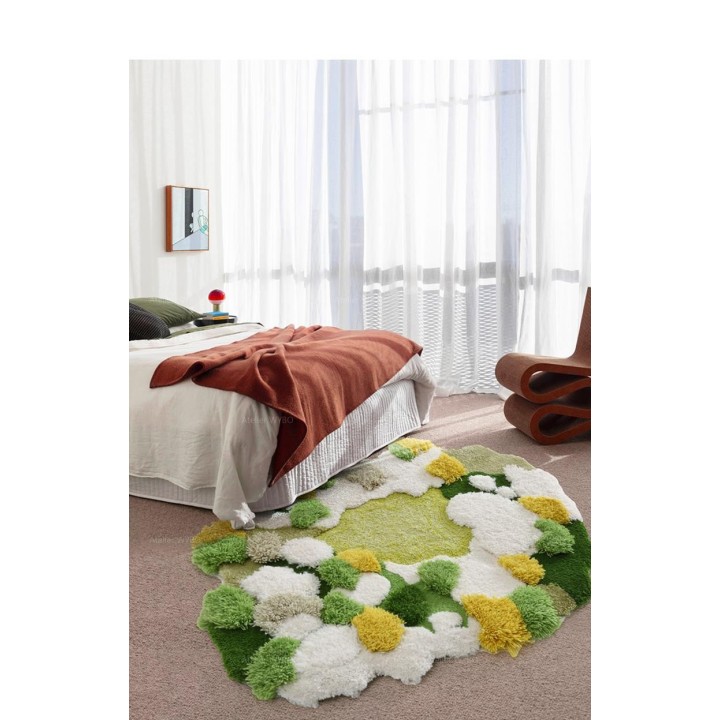 Tapis 3D velours en relief forme irrégulière - La mousse et les lichens, couleur vert, blanc et jaune