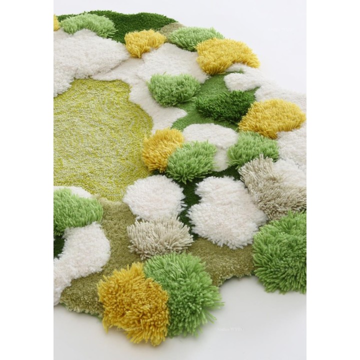 Tapis 3D velours en relief forme irrégulière - La mousse et les lichens, couleur vert, blanc et jaune
