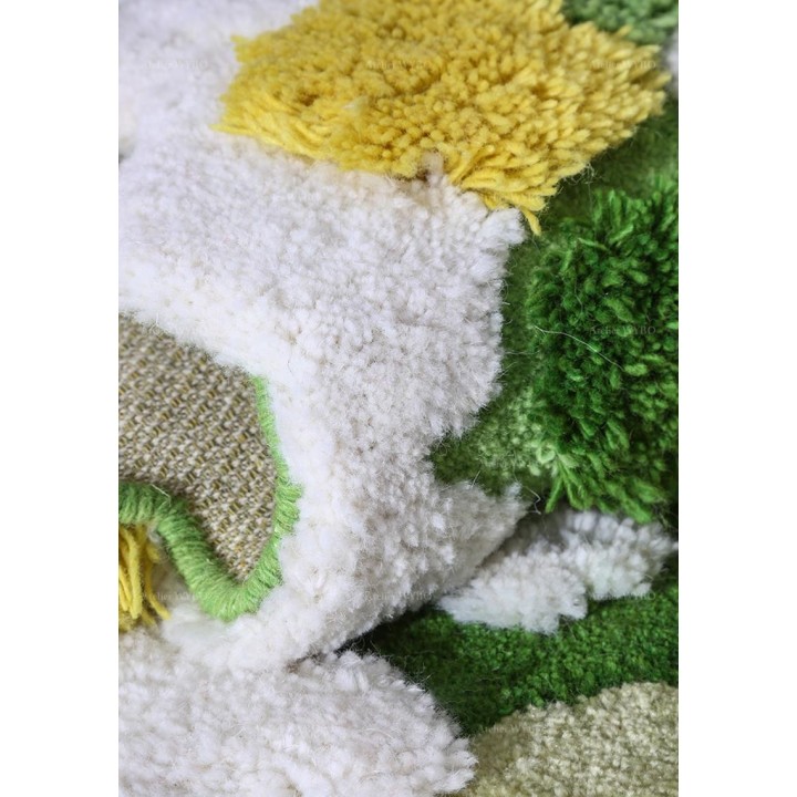 Tapis 3D velours en relief forme irrégulière - La mousse et les lichens, couleur vert, blanc et jaune