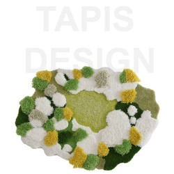 Tapis 3D velours en relief forme irrégulière - La mousse et les lichens, couleur vert, blanc et jaune