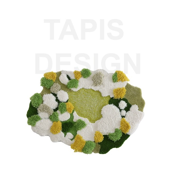Tapis 3D velours en relief forme irrégulière - La mousse et les lichens, couleur vert, blanc et jaune