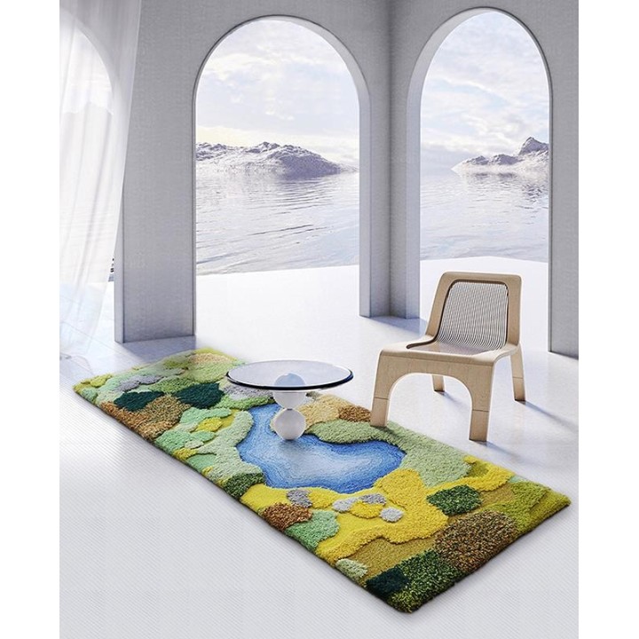 Tapis 3D descente du lit paysage d'automne - Lac bleu entouré de végétation et mousse