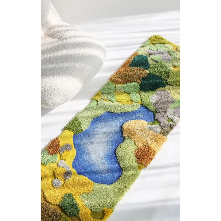 Tapis 3D descente du lit paysage d'automne - Lac bleu entouré de végétation et mousse