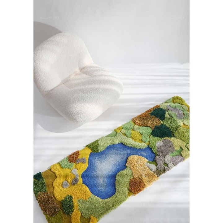 Tapis 3D descente du lit paysage d'automne - Lac bleu entouré de végétation et mousse