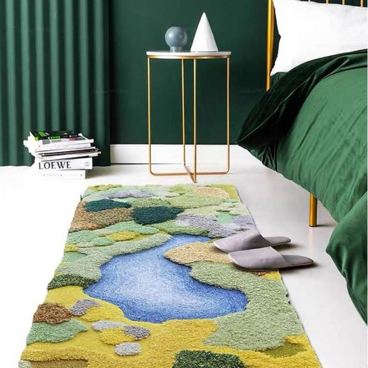 Tapis 3D descente du lit paysage d'automne - Lac bleu entouré de végétation et mousse