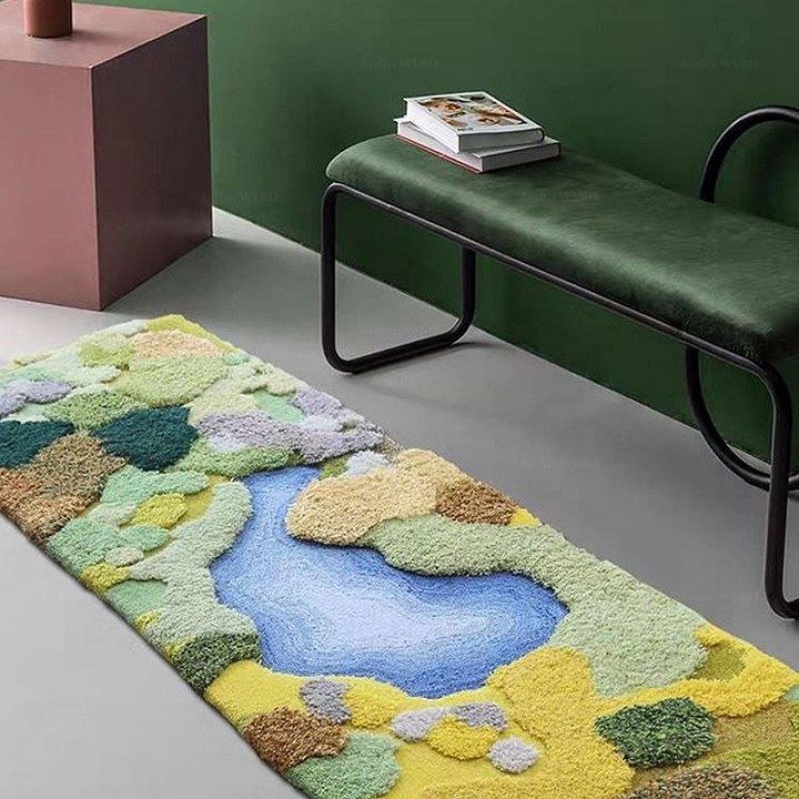 Tapis 3D descente du lit paysage d'automne - Lac bleu entouré de végétation et mousse