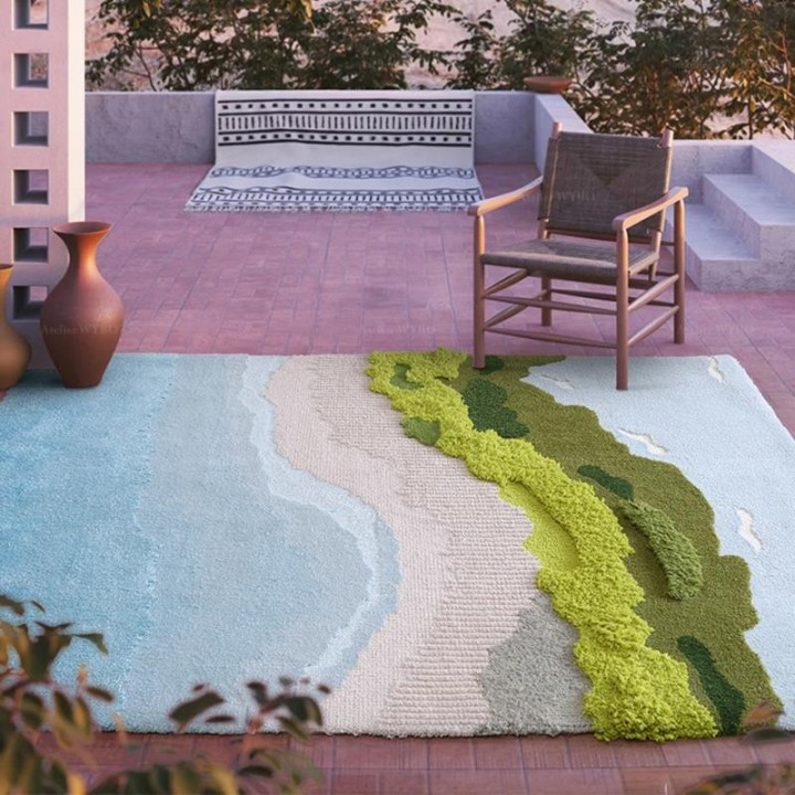 Tapis rectangle velours en relief plage tropicale - Mer, sable et végétation