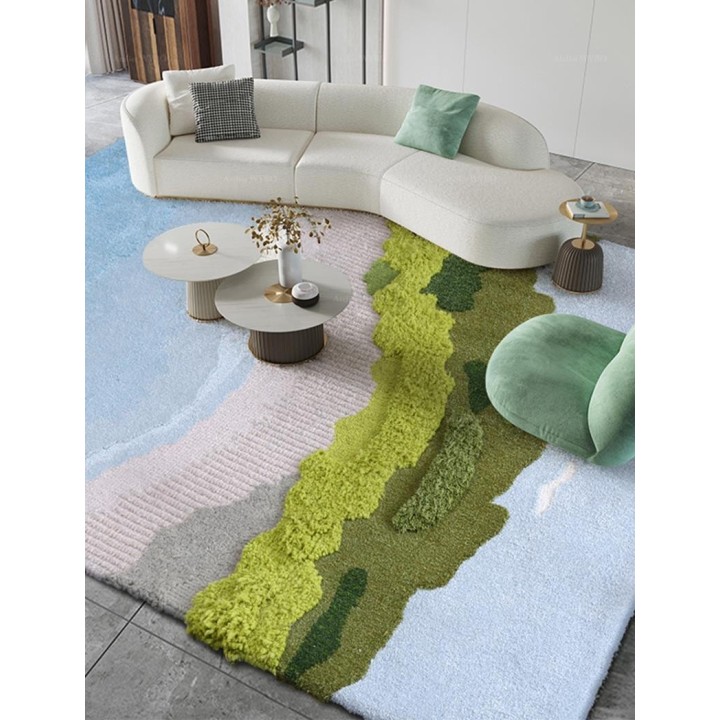 Tapis rectangle velours en relief plage tropicale - Mer, sable et végétation