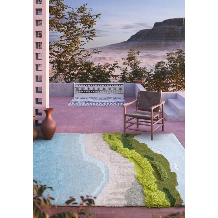 Tapis rectangle velours en relief plage tropicale - Mer, sable et végétation