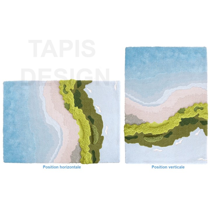 Tapis rectangle velours en relief plage tropicale - Mer, sable et végétation