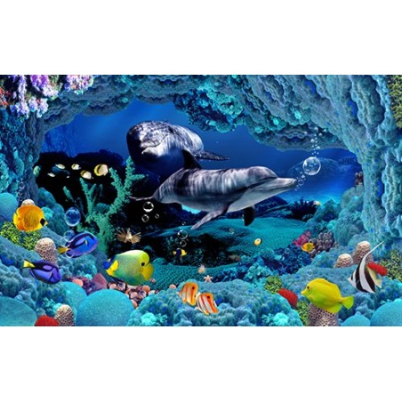 Papier peint effet 3D-Paysage fond marin avec les dauphins