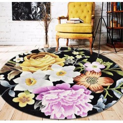 Tapis rond floral style campagne - Pivoine, jonquilles, rose et petites fleurs sur fond noir