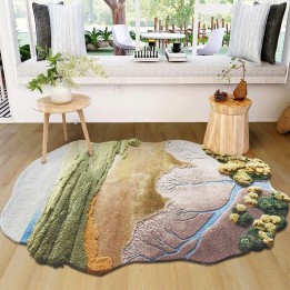 Tapis 3D abstrait paysage nature - Plaine, arbre, rivière, végétation et ciel bleu