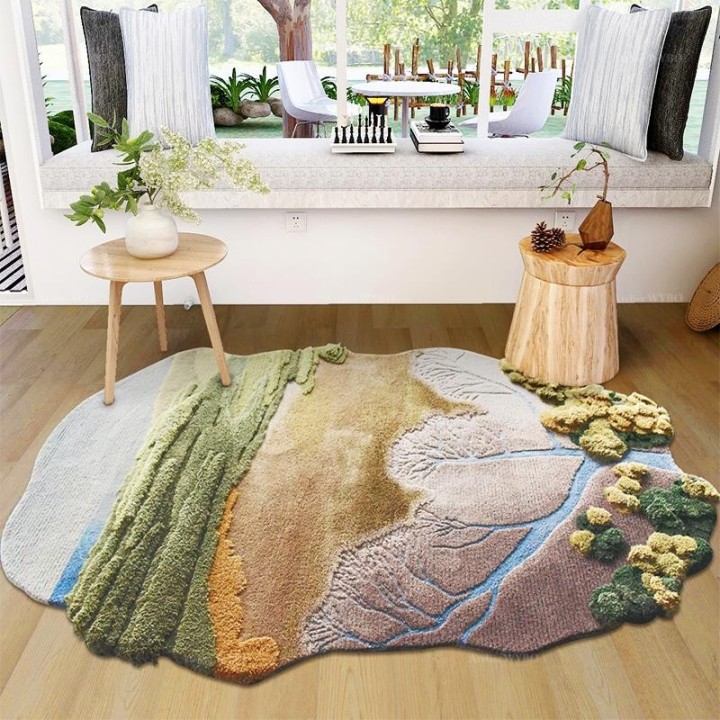 Tapis 3D abstrait paysage nature - Plaine, arbre, rivière, végétation et ciel bleu
