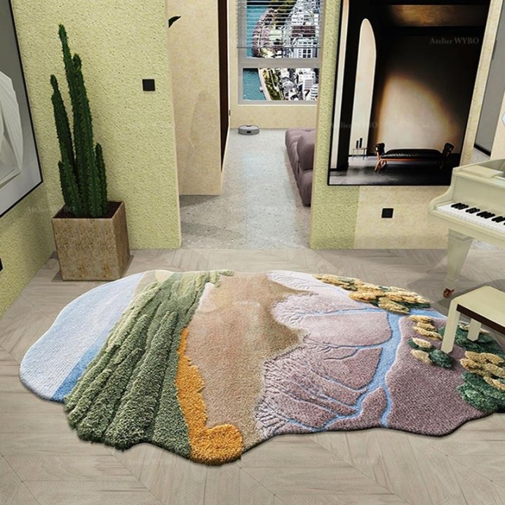 Tapis 3D abstrait paysage nature - Plaine, arbre, rivière, végétation et ciel bleu