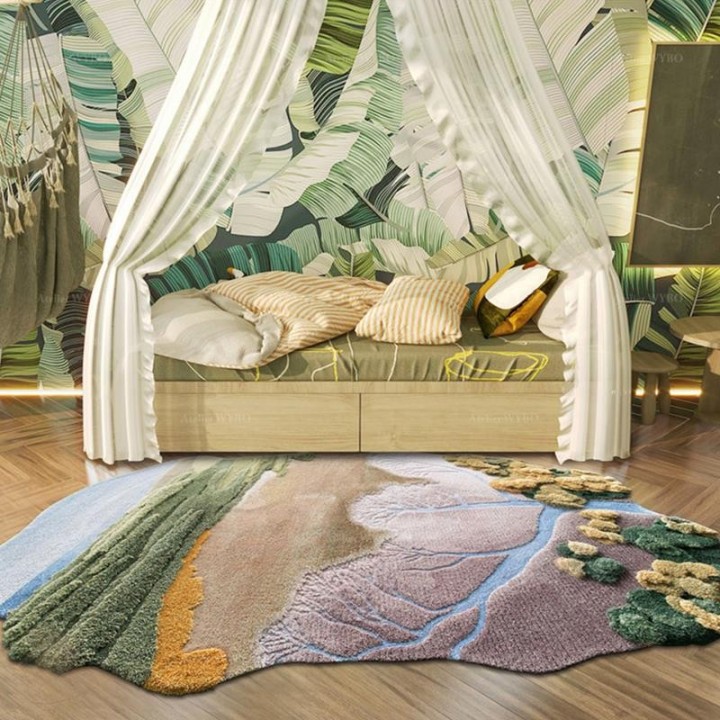 Tapis 3D abstrait paysage nature - Plaine, arbre, rivière, végétation et ciel bleu