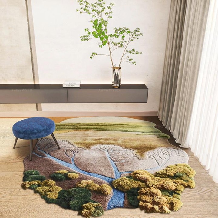 Tapis 3D abstrait paysage nature - Plaine, arbre, rivière, végétation et ciel bleu