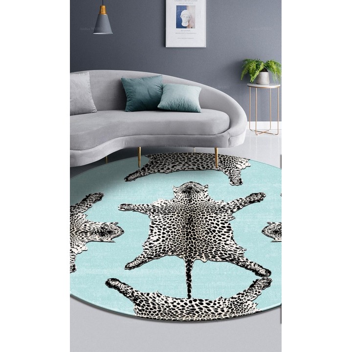 Tapis rond motif félin - Les panthères sur fond bleu pastel