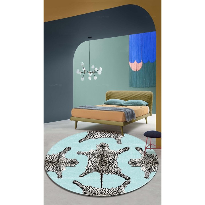 Tapis rond motif félin - Les panthères sur fond bleu pastel