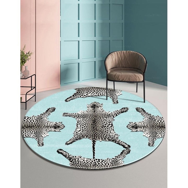 Tapis rond motif félin - Les panthères sur fond bleu pastel