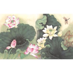 Tapis sol asiatique - Les lotus roses et jaunes dans l'étang avec la libellule