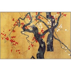 Tapis japonais aspect ancien - Arbre d'abricotier japonais, fleurs rouges et blanches